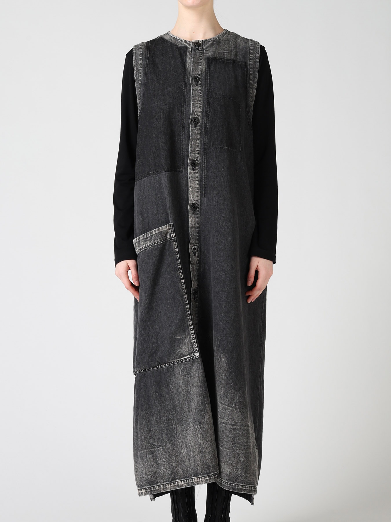 SPOTTED DENIM PATCH POCKET LONG DRESS