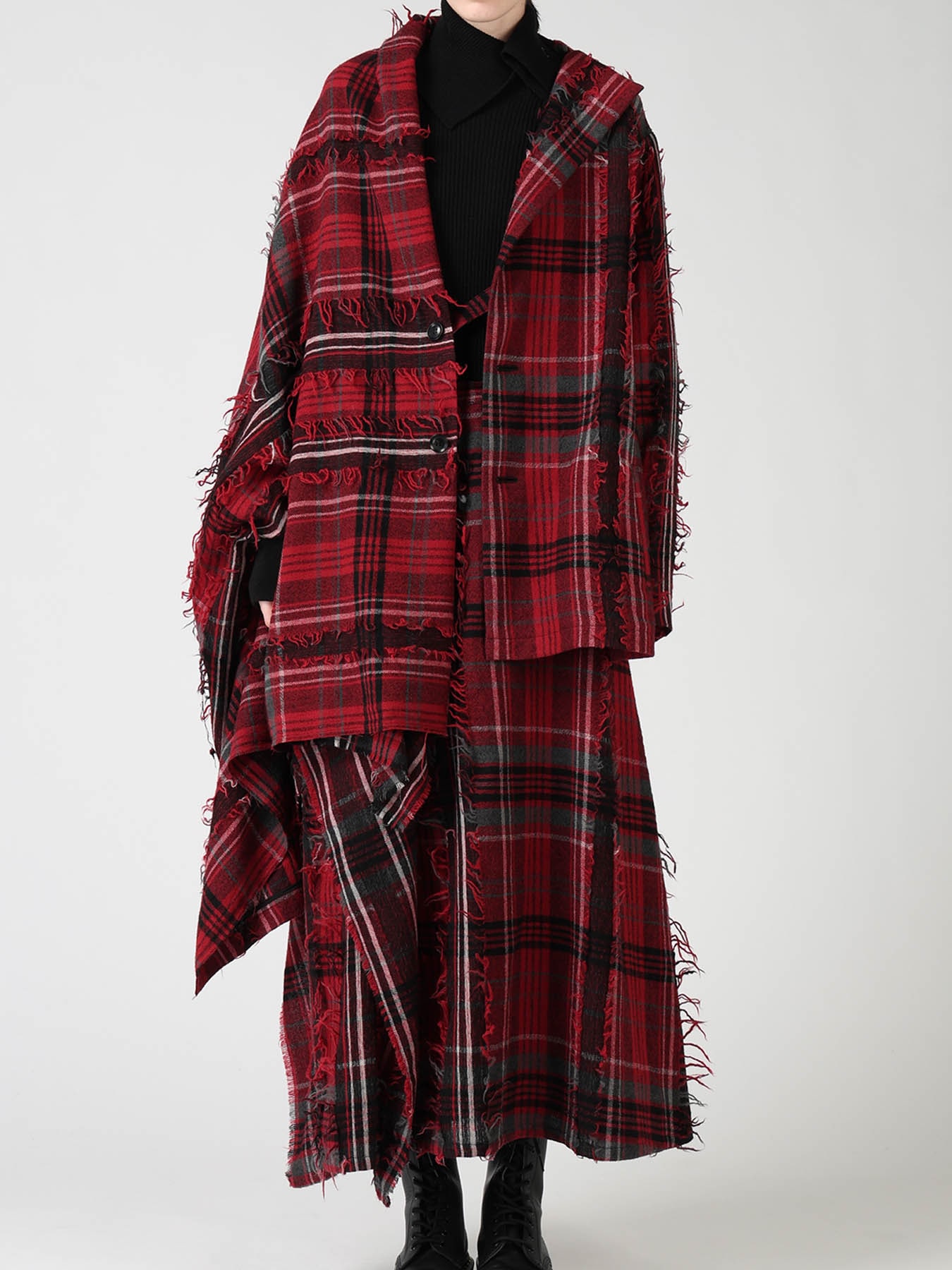 WOOL PLAID CUT JACQUARD CAPE JACKET
