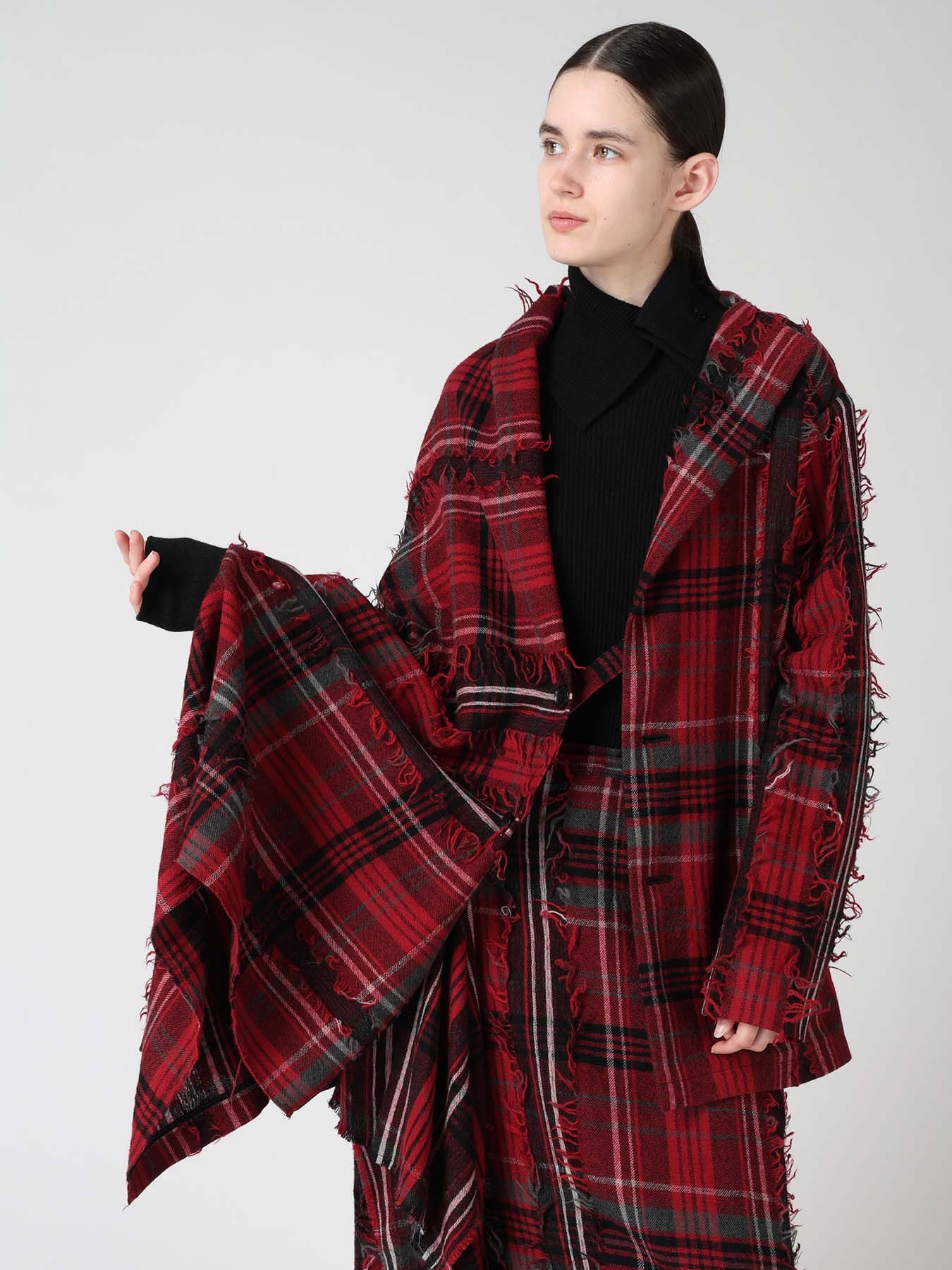WOOL PLAID CUT JACQUARD CAPE JACKET