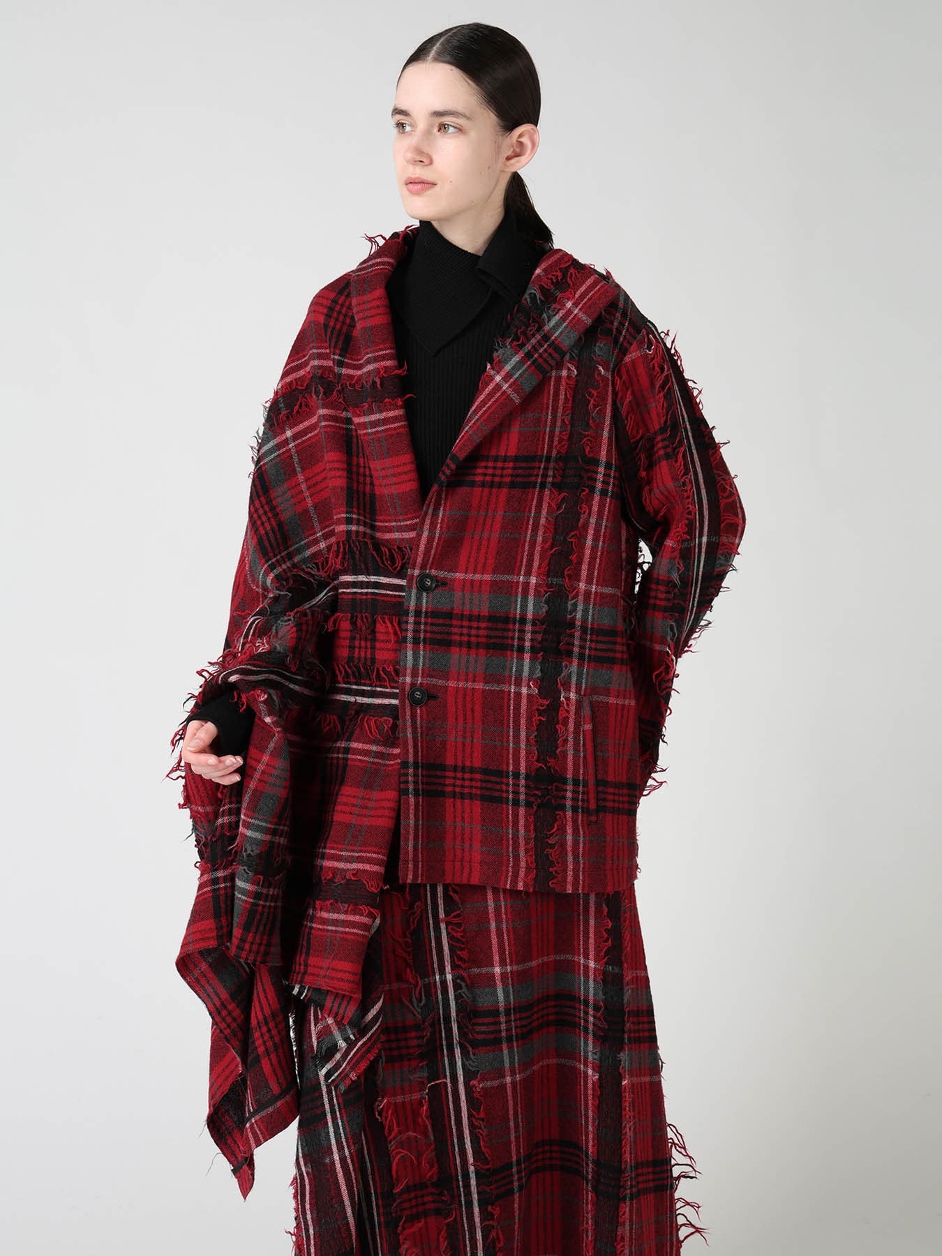 WOOL PLAID CUT JACQUARD CAPE JACKET