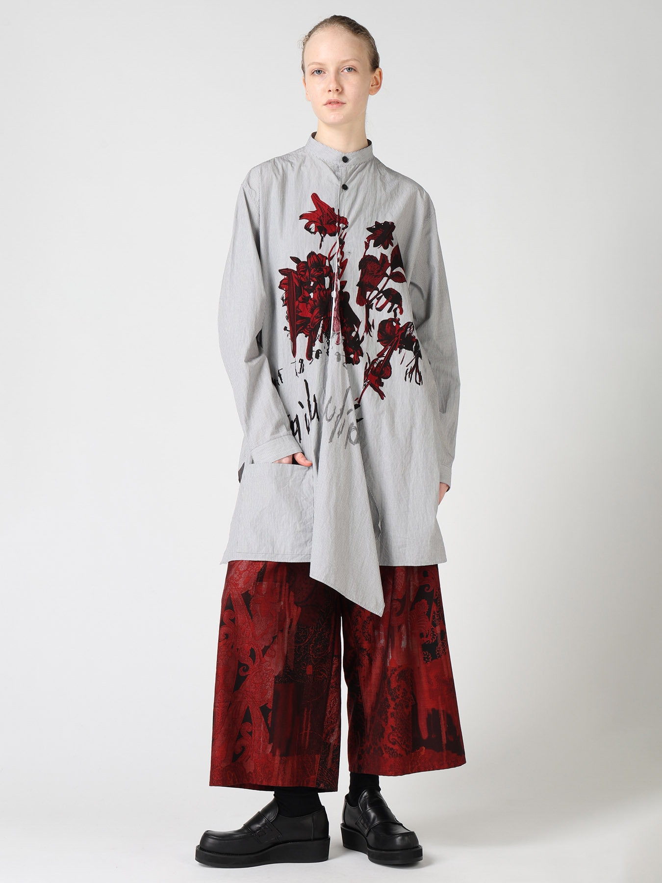 COTTON/CELLULOSE BLUR PAISLEY FRONT TUCK WIDE PANTS(XS Red): Y's