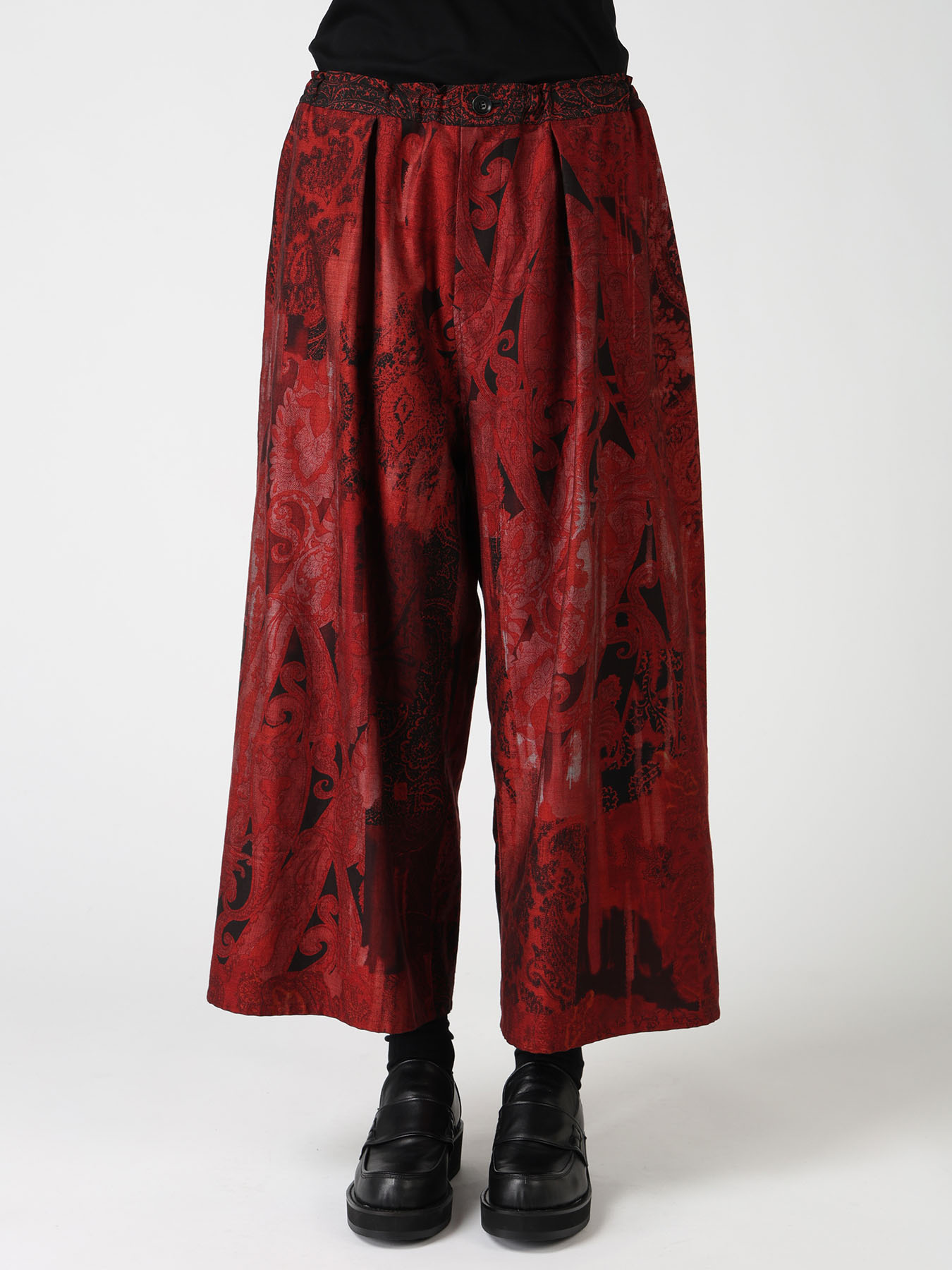 COTTON/CELLULOSE BLUR PAISLEY FRONT TUCK WIDE PANTS(XS Red): Y's