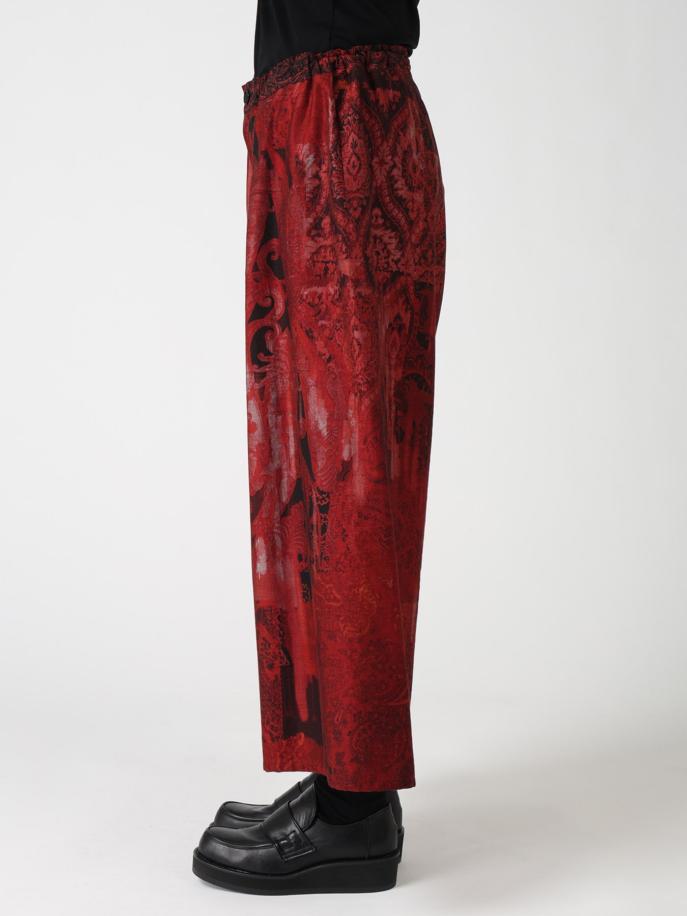 COTTON/CELLULOSE BLUR PAISLEY FRONT TUCK WIDE PANTS(XS Red): Y's