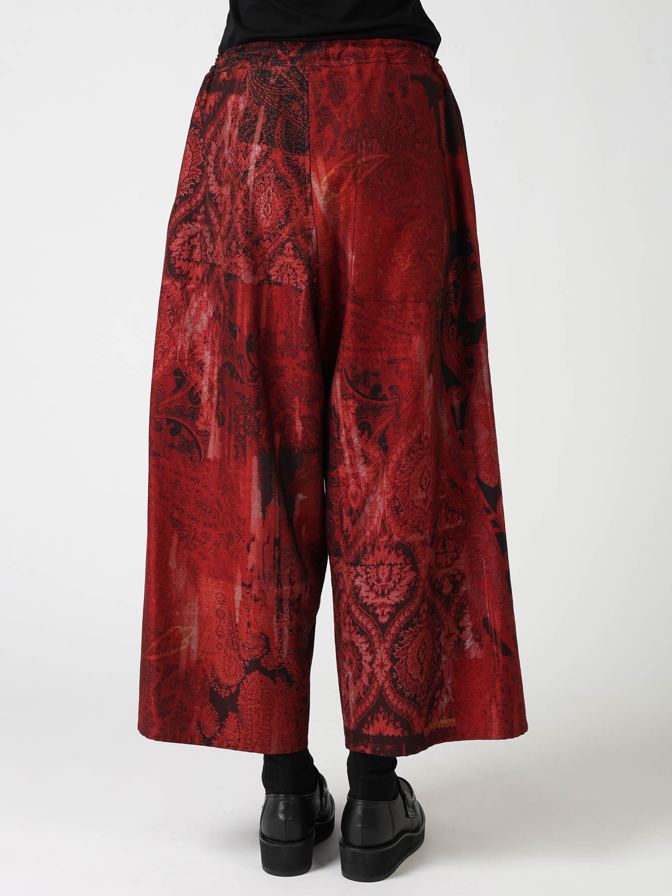 COTTON/CELLULOSE BLUR PAISLEY FRONT TUCK WIDE PANTS(XS Red): Y's