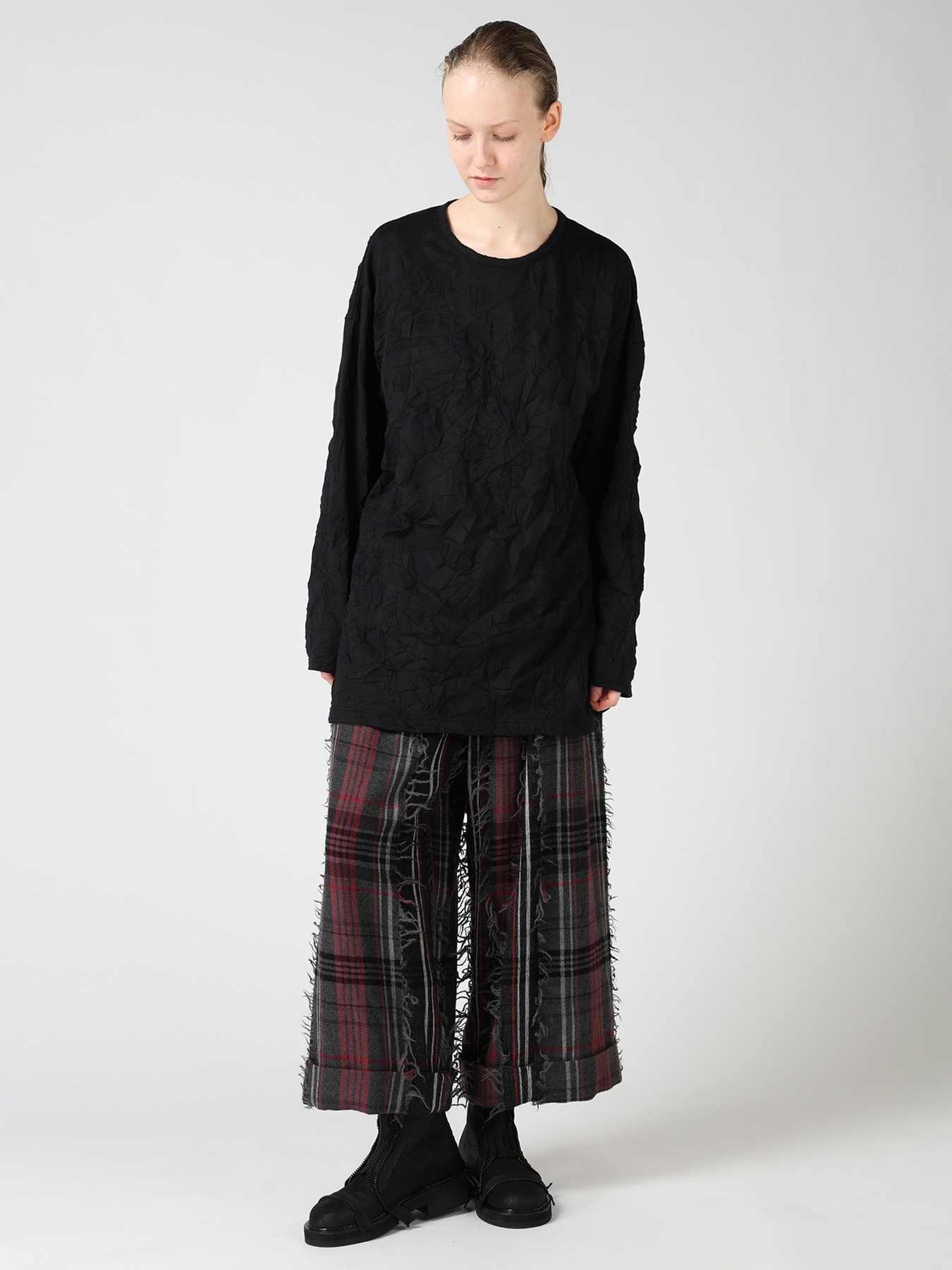 WOOL PLAID CUT JACQUARD FRONT TUCK TURN-UP PANTS