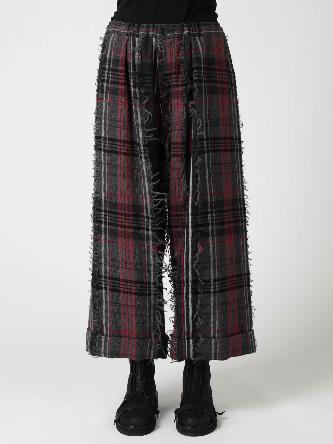 WOOL PLAID CUT JACQUARD FRONT TUCK TURN-UP PANTS
