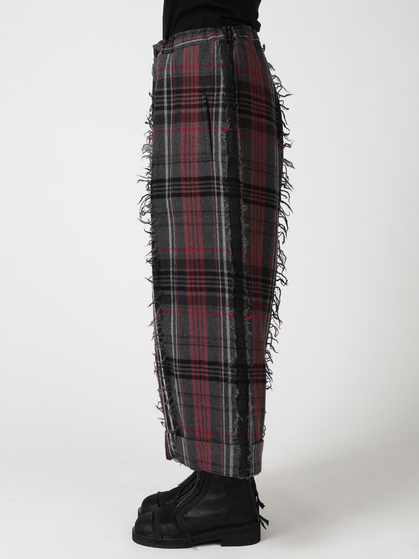 WOOL PLAID CUT JACQUARD FRONT TUCK TURN-UP PANTS