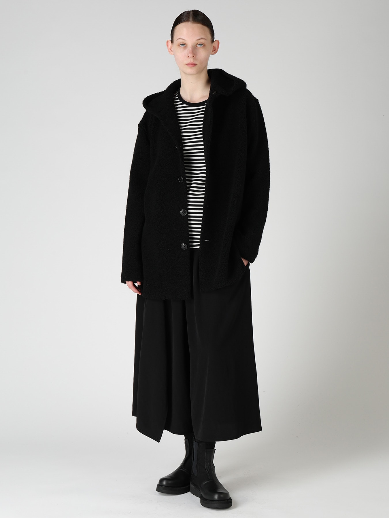 WOOL BLEND PILE BUTTON-UP HOODIE