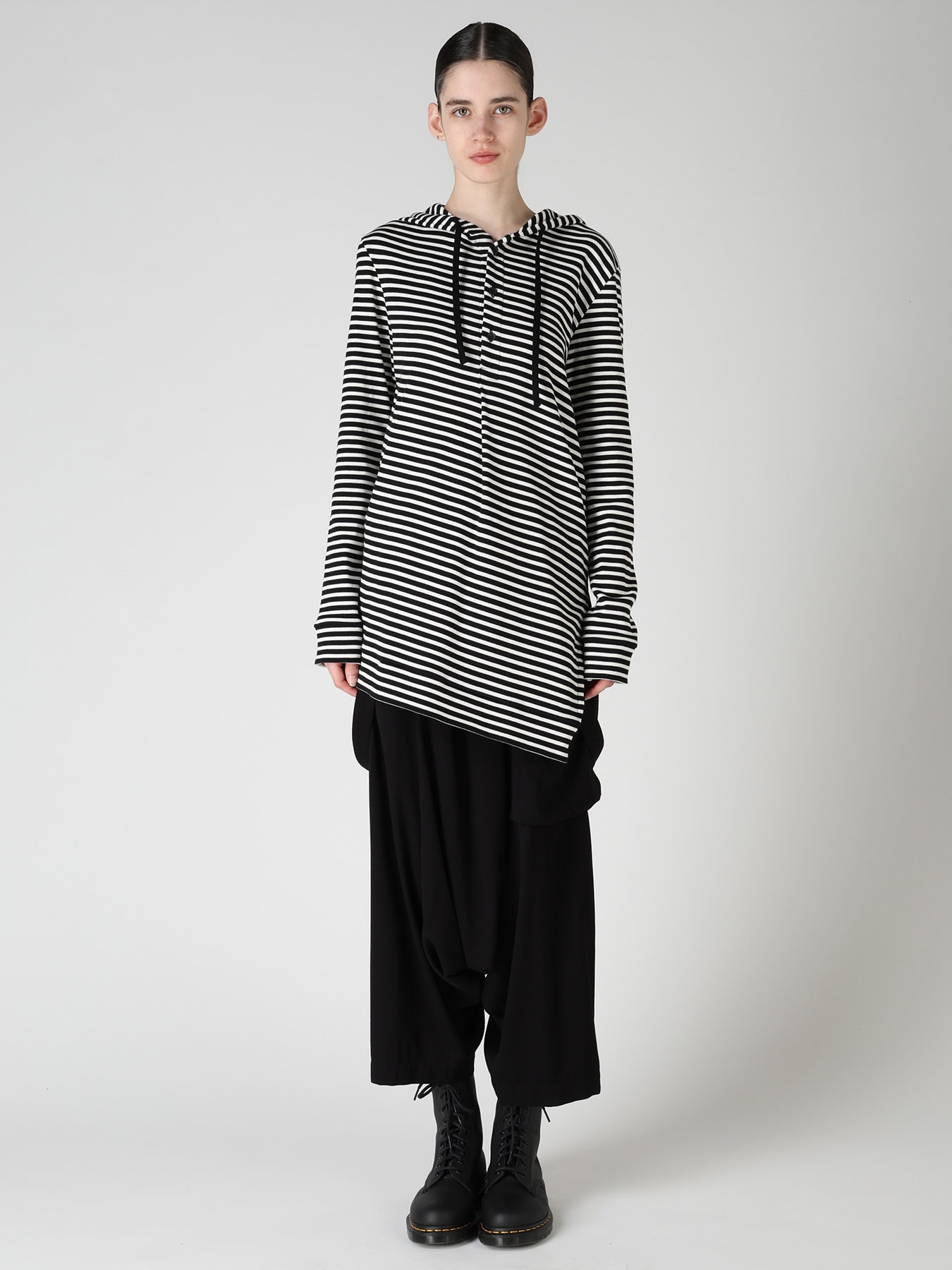 STRIPE RIB HOODED LONG SLEEVE T-SHIRT