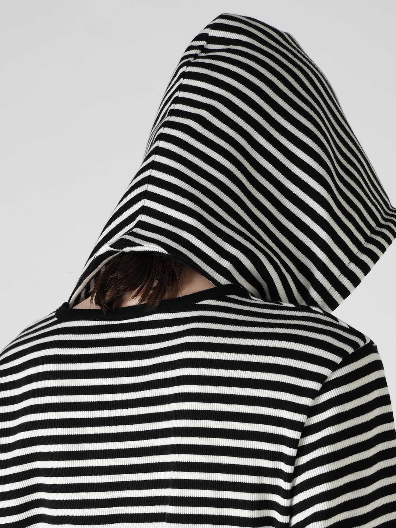 STRIPE RIB HOODED LONG SLEEVE T-SHIRT