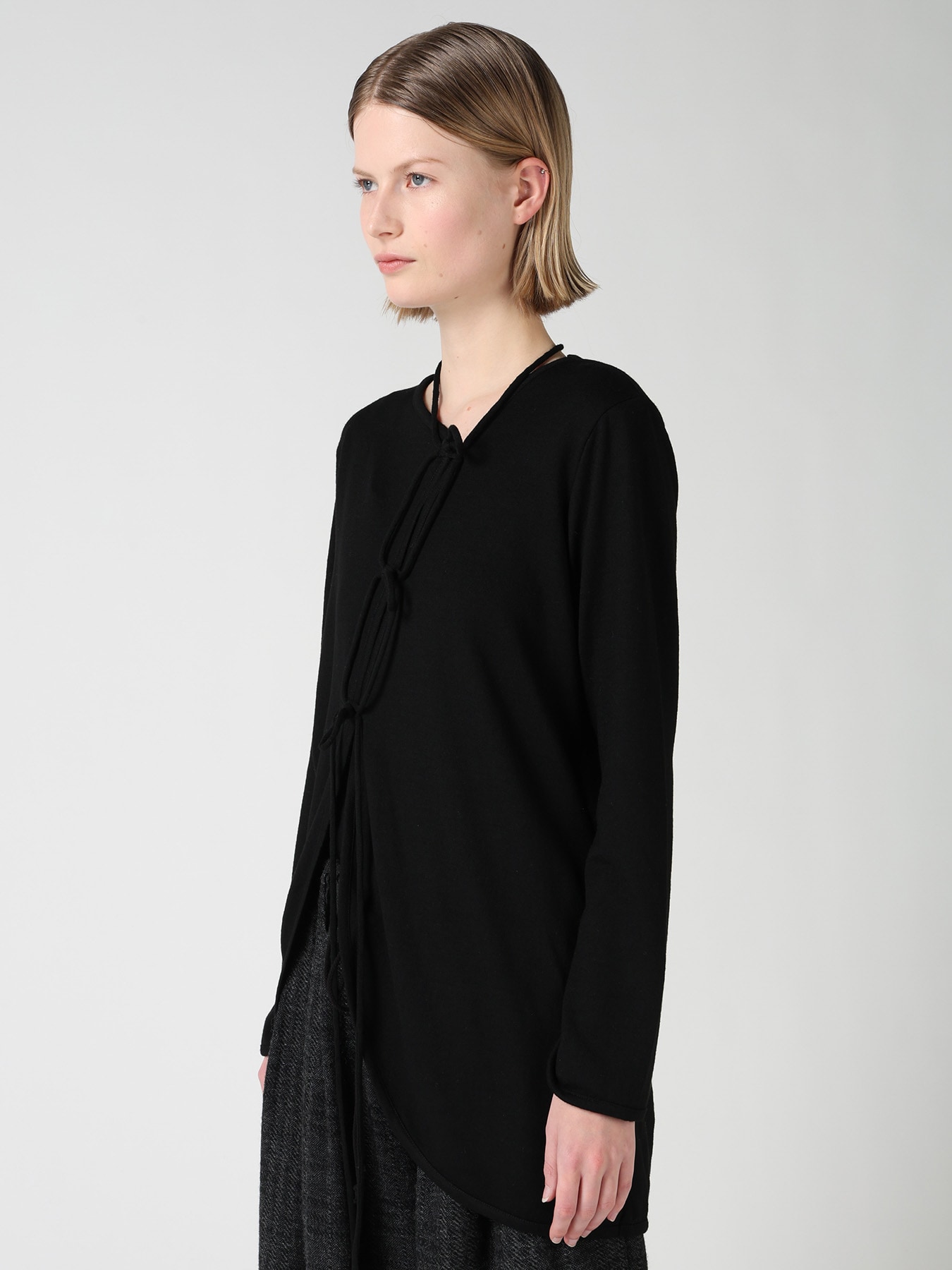 WOOL JERSEY CHINESE BUTTON ASYMMETRIC LONG CARDIGAN