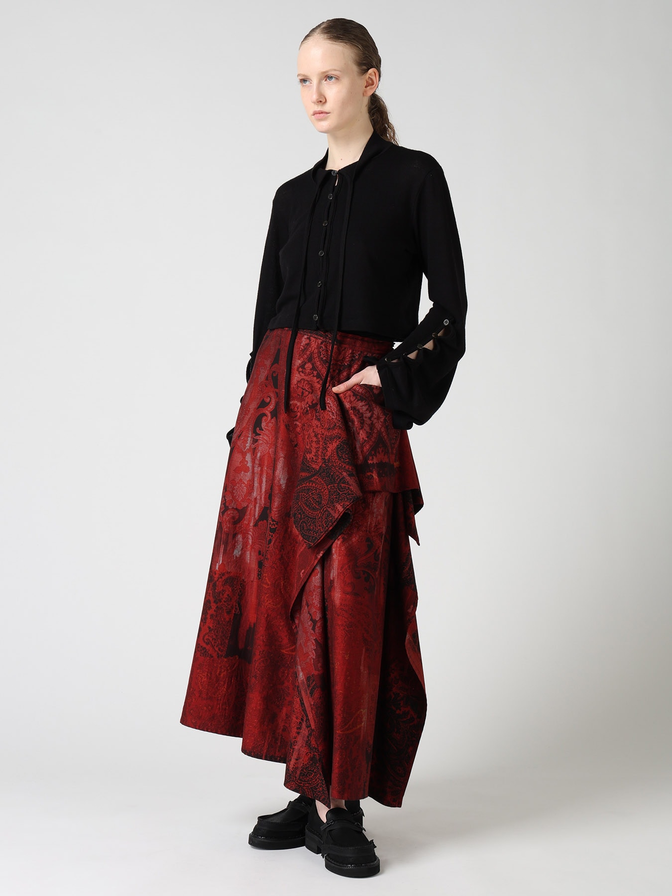 WOOL/SILK CREPE DRAPE SLEEVE CARDIGAN