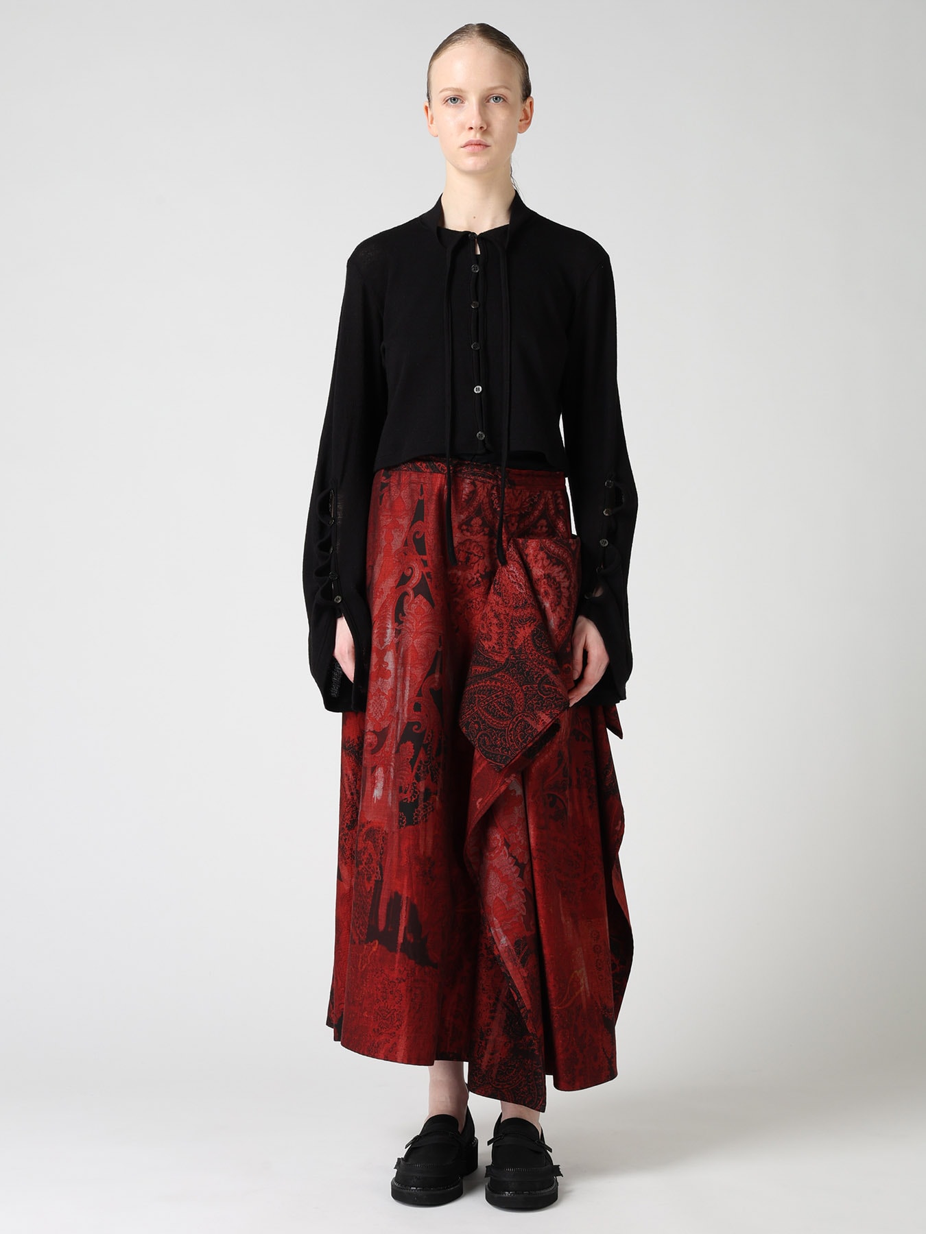 WOOL/SILK CREPE DRAPE SLEEVE CARDIGAN