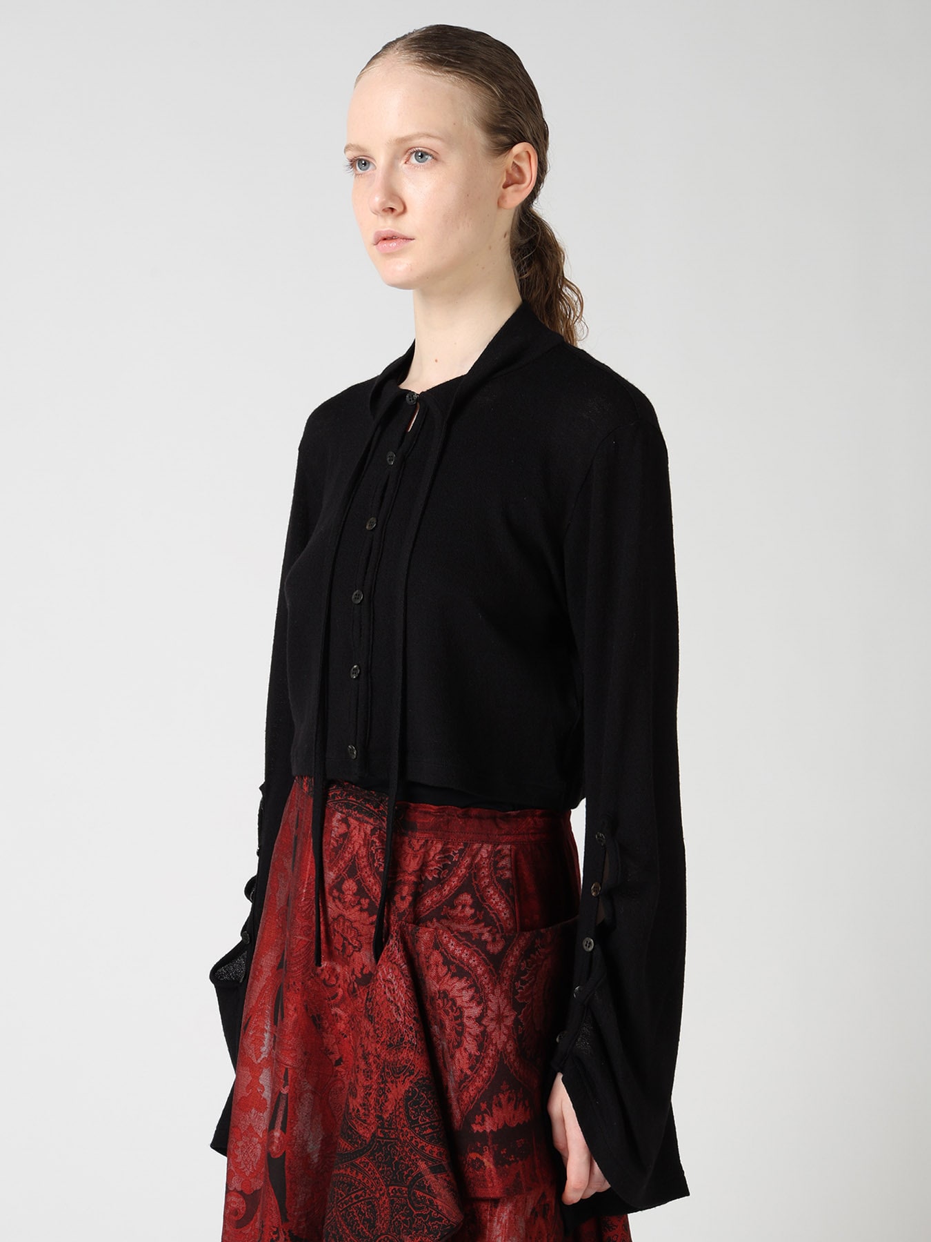 WOOL/SILK CREPE DRAPE SLEEVE CARDIGAN
