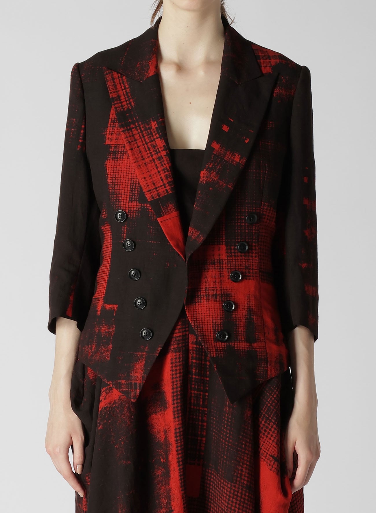 COPIED CHECKED PRINT CROPPED SLEEVE TAIL JACKET(XS Red): Y's｜THE 