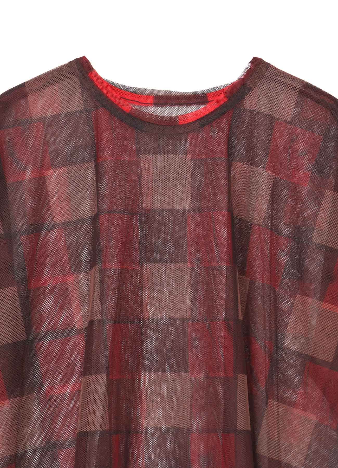 DOUBLE LAYER PLAID PRINT TULLE OVER SIZED T