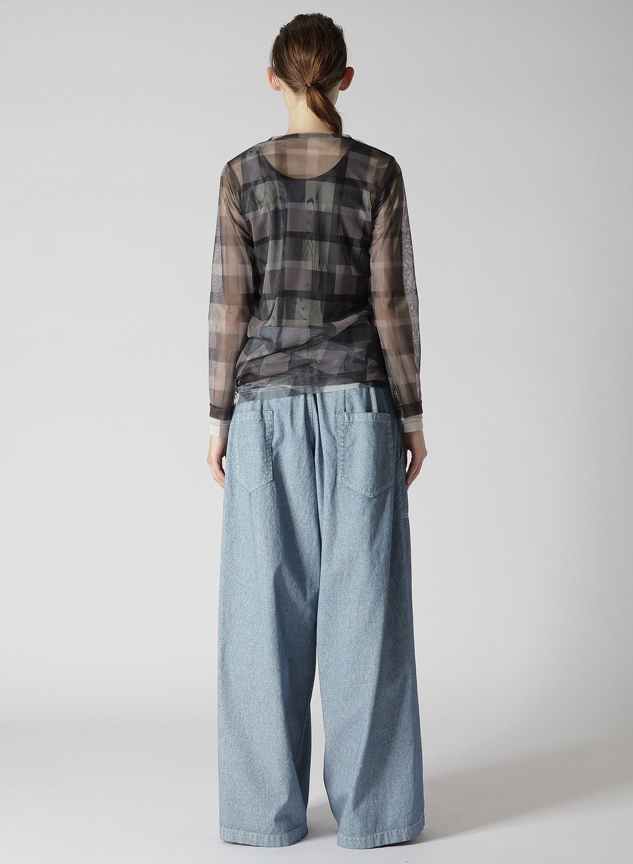 DOUBLE LAYER PLAID PRINT TULLE LONG SLEEVE T