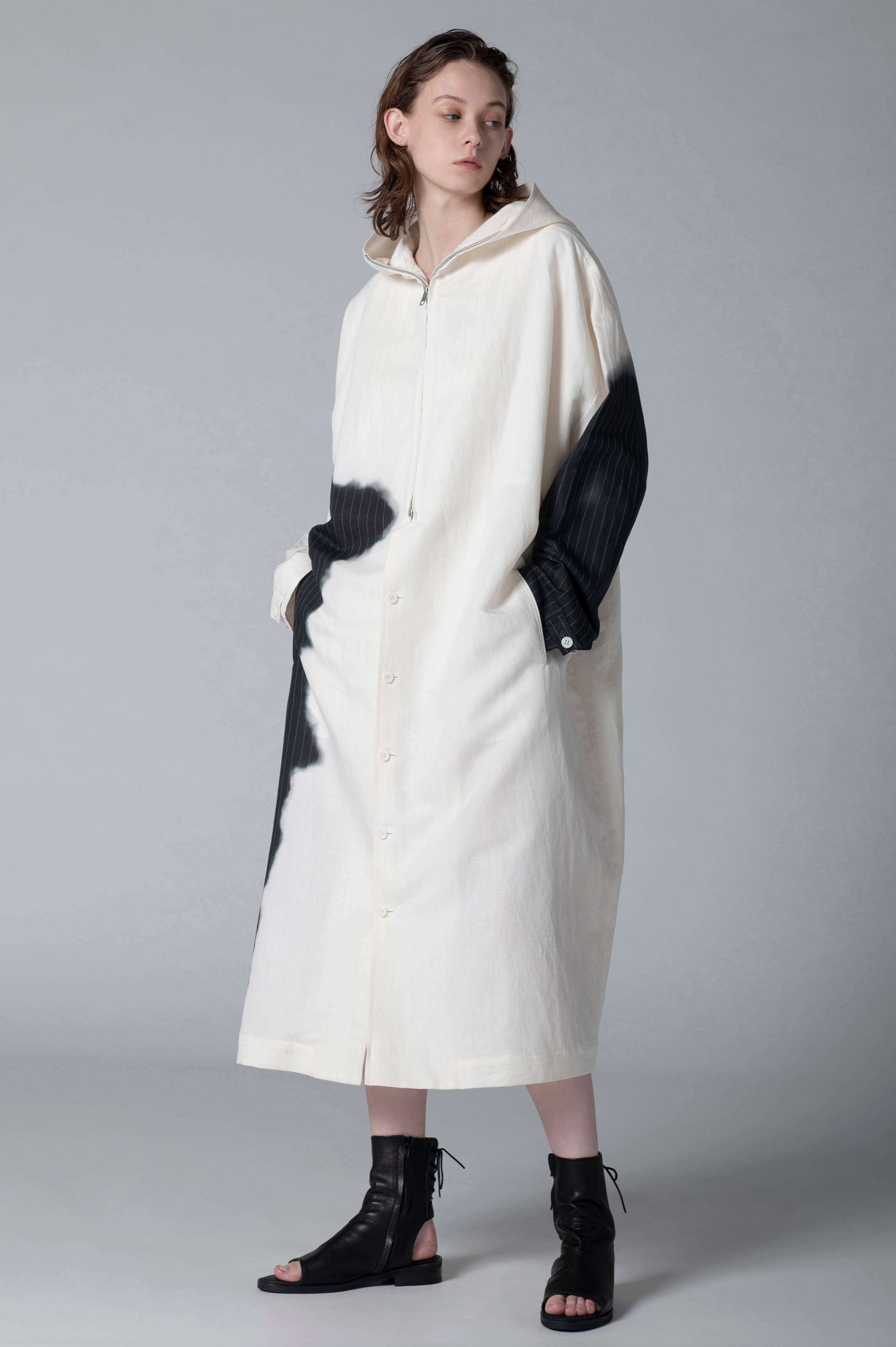 LINEN/COTTON HOODED COAT WITH PARTIAL PINSTRIPE PATTERN