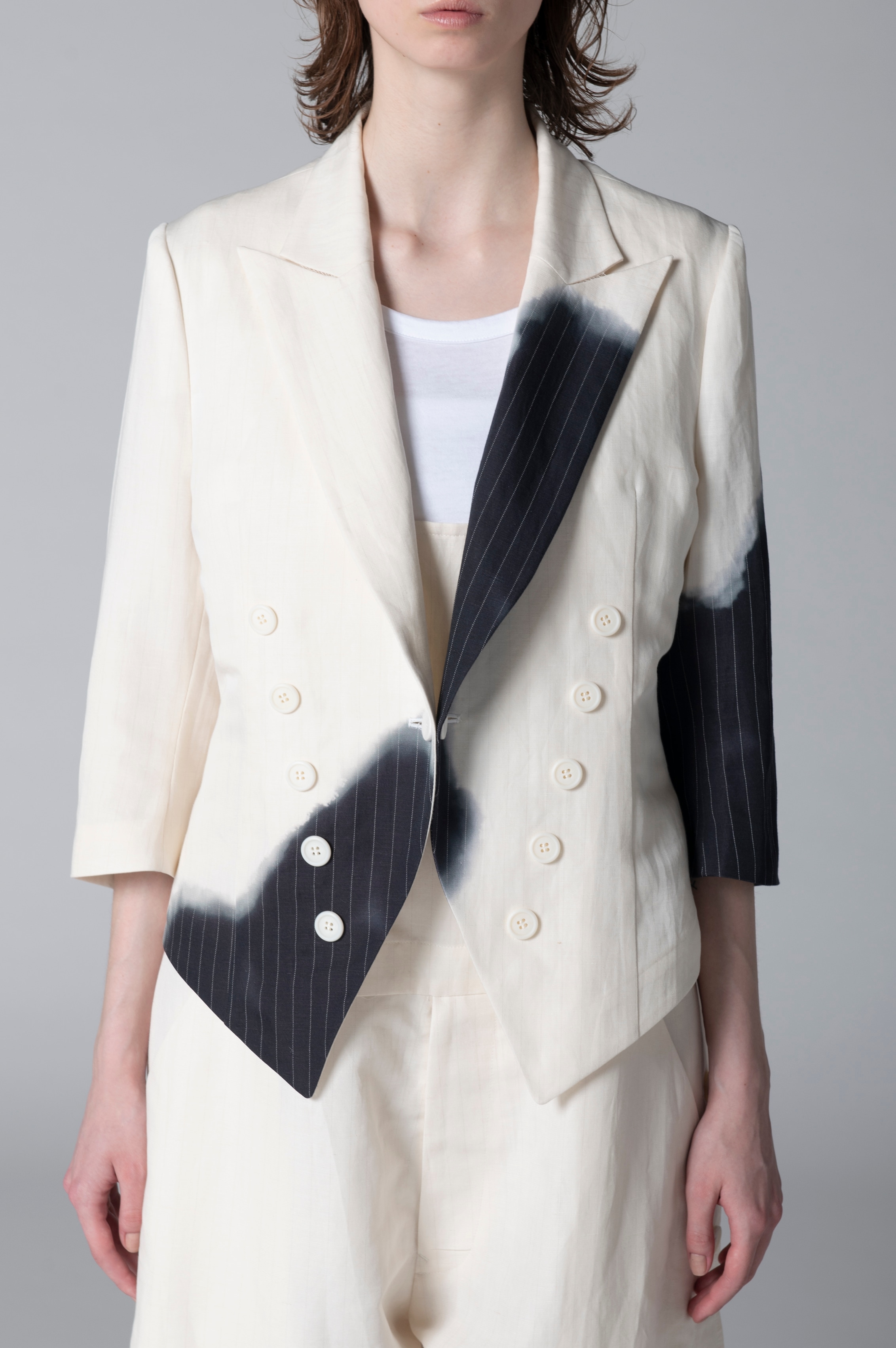 LINEN/COTTON SWALLOWTAIL JACKET WITH PARTIAL PINSTRIPE PATTERN