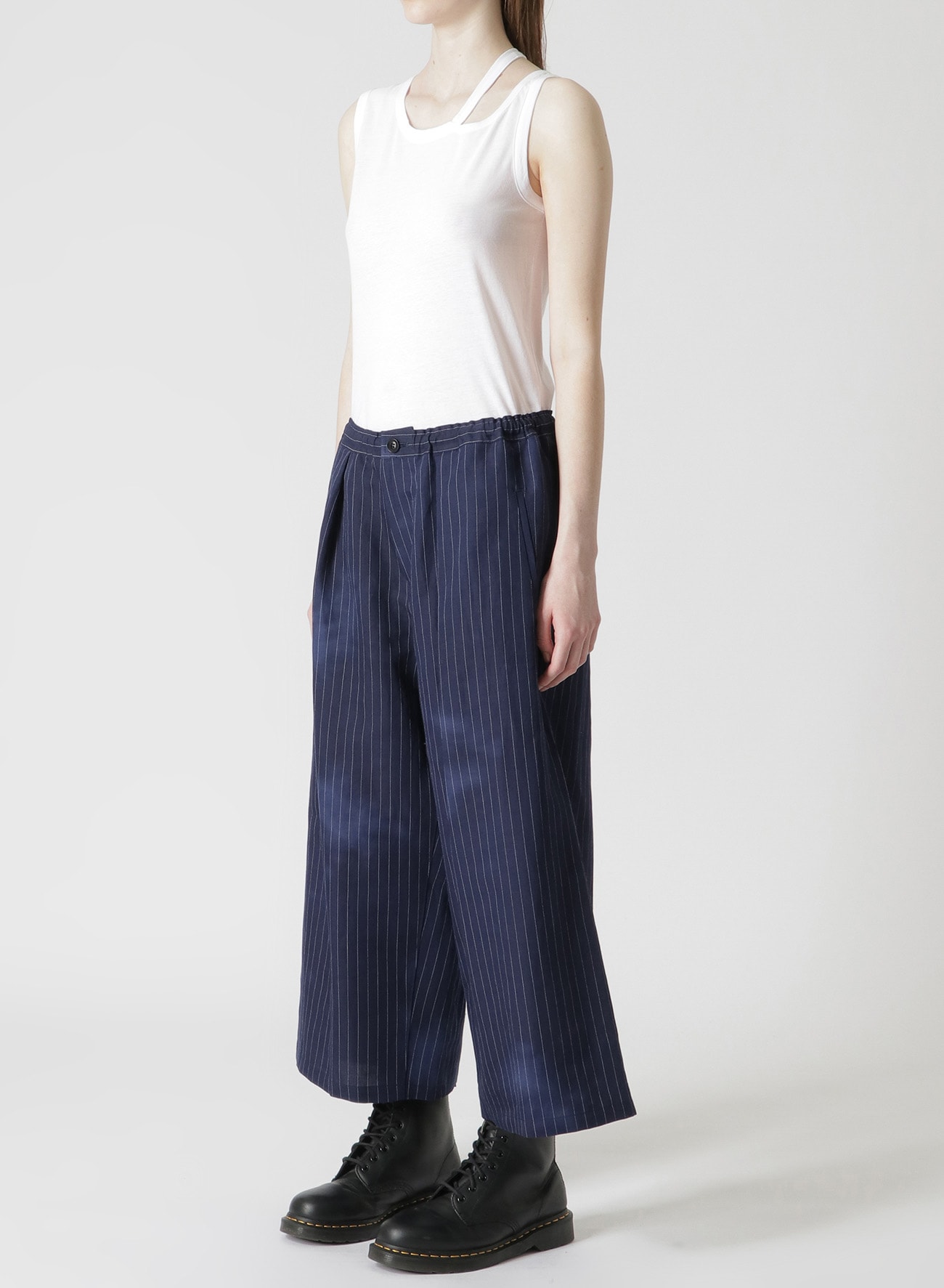 LINEN COTTON PIN-STRIPED UNEVEN DYEING FRONT TUCK WIDE PANTS