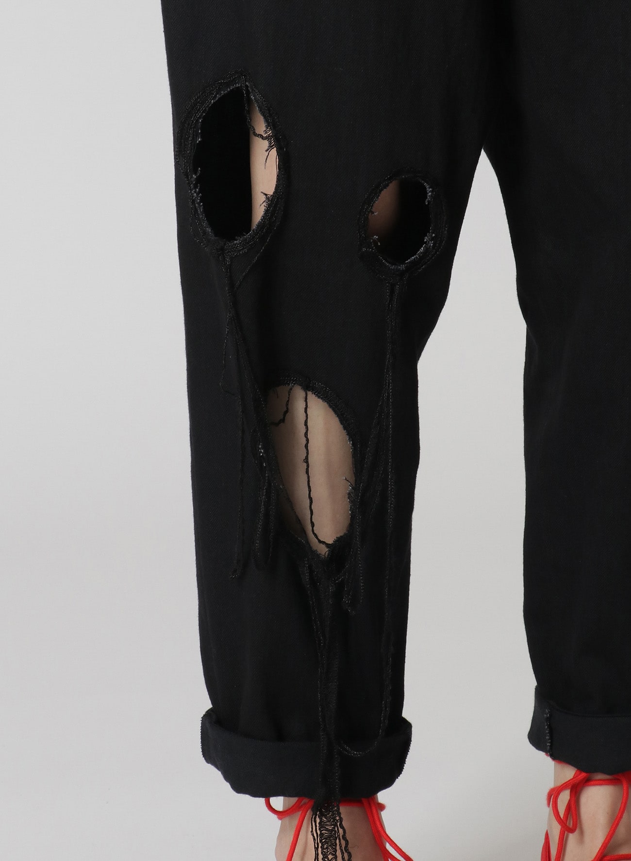 DENIM HOLE EMBROIDERY WAIST STRING SLIM PANTS(XS Black): Vintage 