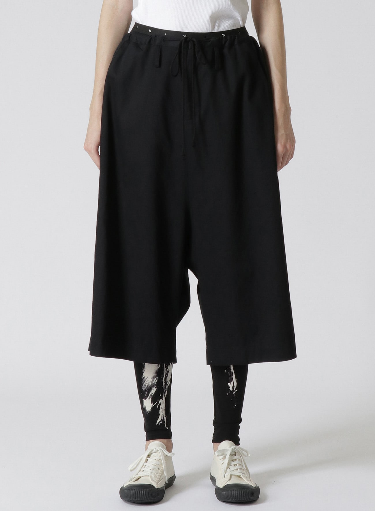 Y's BORN PRODUCT]COTTON TWILL 3/4 LENGTH STRING PANTS(XS Black