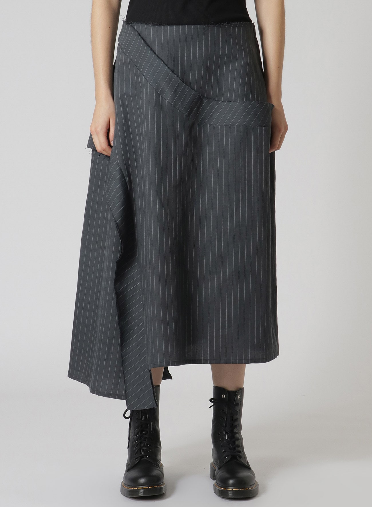 LINEN COTTON PIN-STRIPED UNEVEN DYEING PANELLED FLARE SKIRT