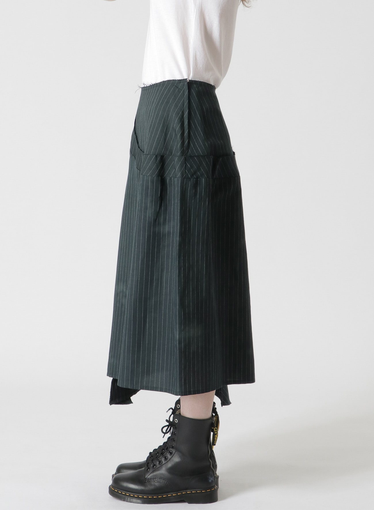 LINEN COTTON PIN-STRIPED UNEVEN DYEING PANELLED FLARE SKIRT